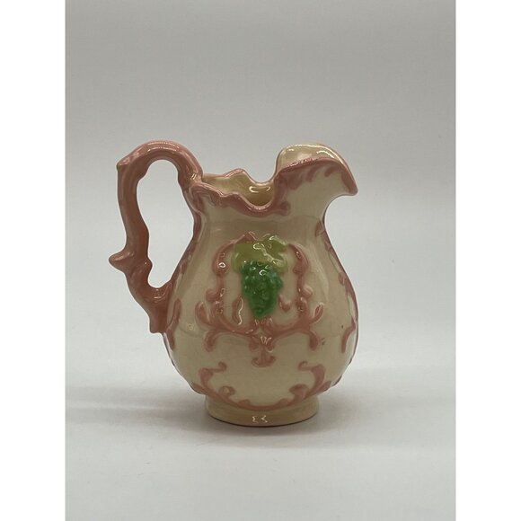 Small Vintage Hand-Painted Ewer/Pitcher Cream, Pink & Green Raised Design w/Hand - Picture 3 of 5